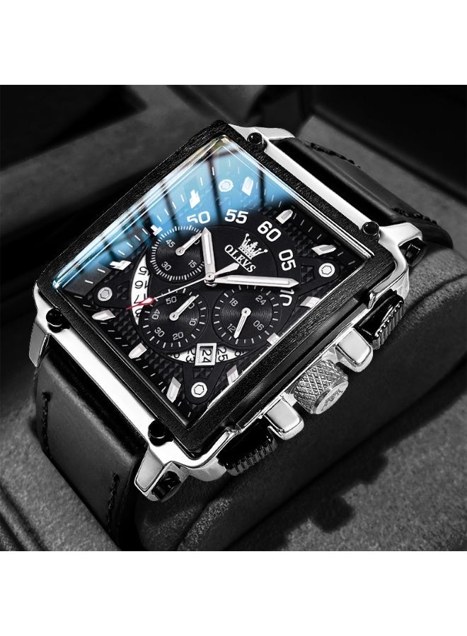 أوليفز ساعات OLEVS المربعة للرجال من الجلد البني كرونوغراف ساعة عمل أنيقة مضيئة ومقاومة للماء ساعات معصم كاجوال - Image 1