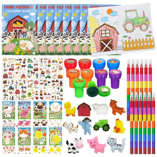 Cinrobiye 72 Pcs Farm Animal Party Favors Set Barnyard Tractor Birthday Supplies Farmhouse Party Goodie Bag Fillers Coloring Books Stickers Stampers Fiesta Rodeo Cow Craft DIY Kit Pinatas Reward - Image 1