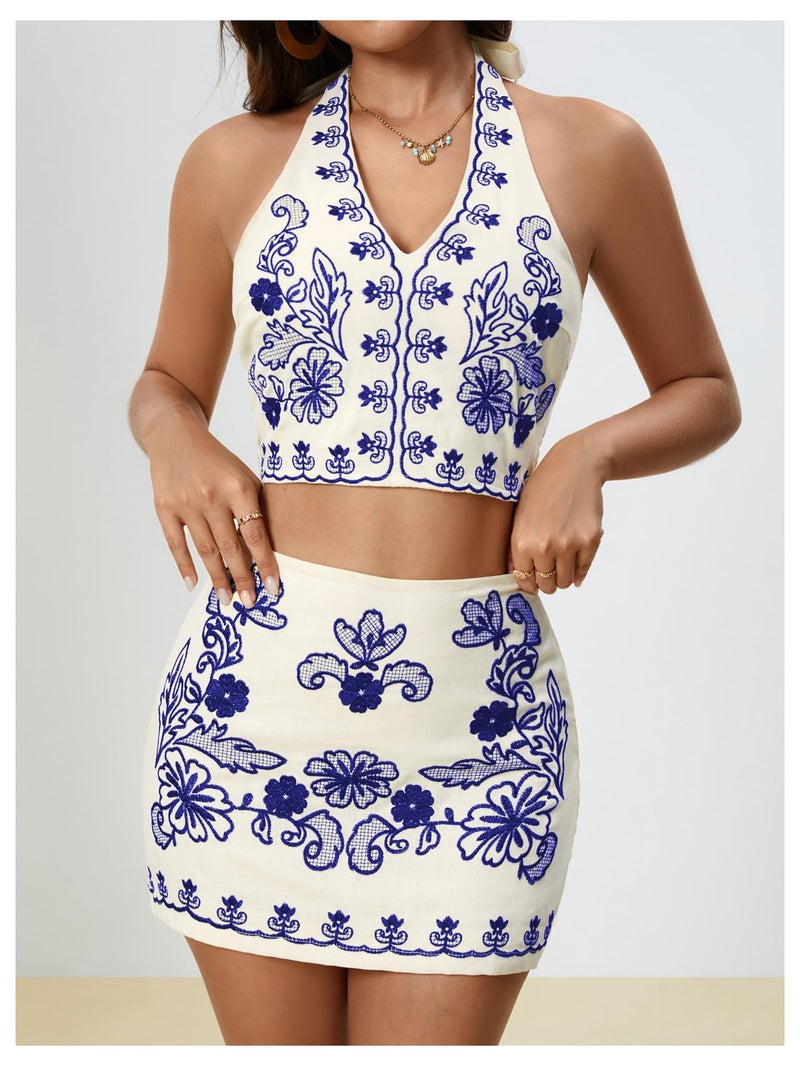 MakeMeChic Women's 2 Piece Skirt Set Cowboy Chic Halter Linen Vacation Set Floral Embroidery Outfits Blue Medium - Image 3
