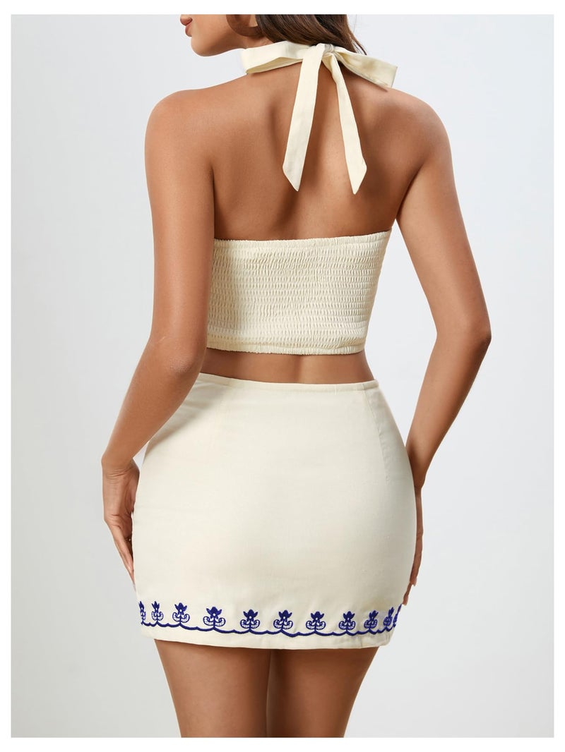 MakeMeChic Women's 2 Piece Skirt Set Cowboy Chic Halter Linen Vacation Set Floral Embroidery Outfits Blue Medium - Image 2