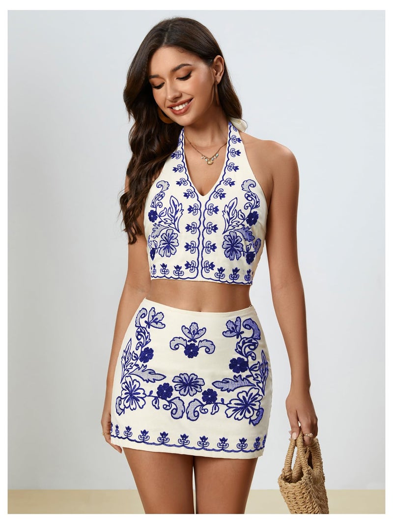MakeMeChic Women's 2 Piece Skirt Set Cowboy Chic Halter Linen Vacation Set Floral Embroidery Outfits Blue Medium - Image 4
