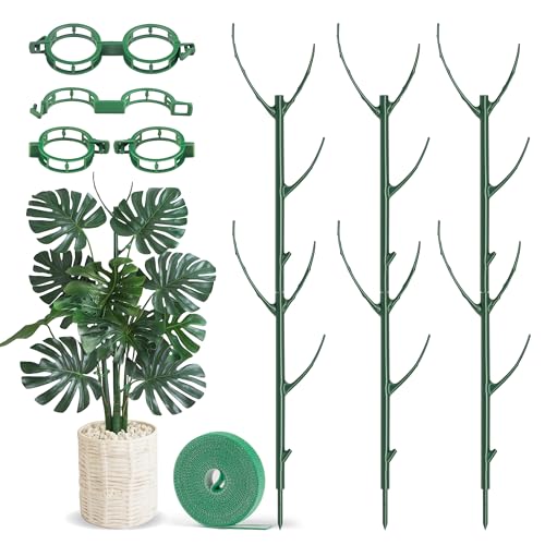 HOMEBROS Plant Support Stakes, 6 Pcs Stackable Plant Support Poles with 20 Clips, 1 Roll Tie for Indoor Outdoor Monstera Climbing Plants, Green - Image 1
