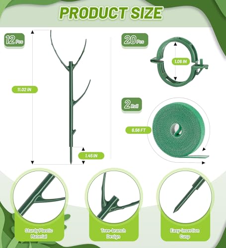 HOMEBROS Plant Support Stakes, 6 Pcs Stackable Plant Support Poles with 20 Clips, 1 Roll Tie for Indoor Outdoor Monstera Climbing Plants, Green - Image 3