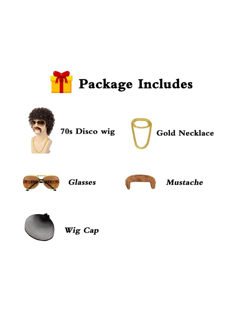 SOLARAE Men Wigs Short Brown Curly Afro Wig for Men 70s Disco Costume Wig With Glasses Necklace Mustache and Wig Cap Natural Fluffy Synthetic hair Wig - Image 3
