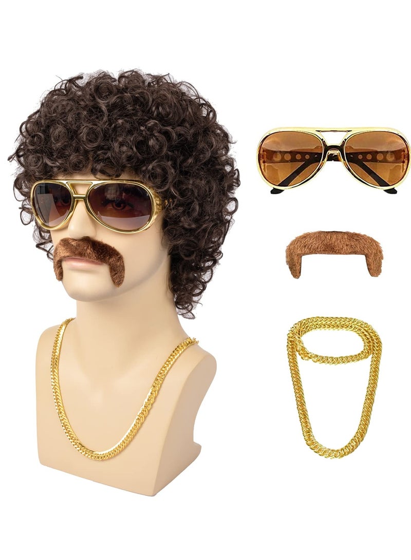 SOLARAE Men Wigs Short Brown Curly Afro Wig for Men 70s Disco Costume Wig With Glasses Necklace Mustache and Wig Cap Natural Fluffy Synthetic hair Wig - Image 1