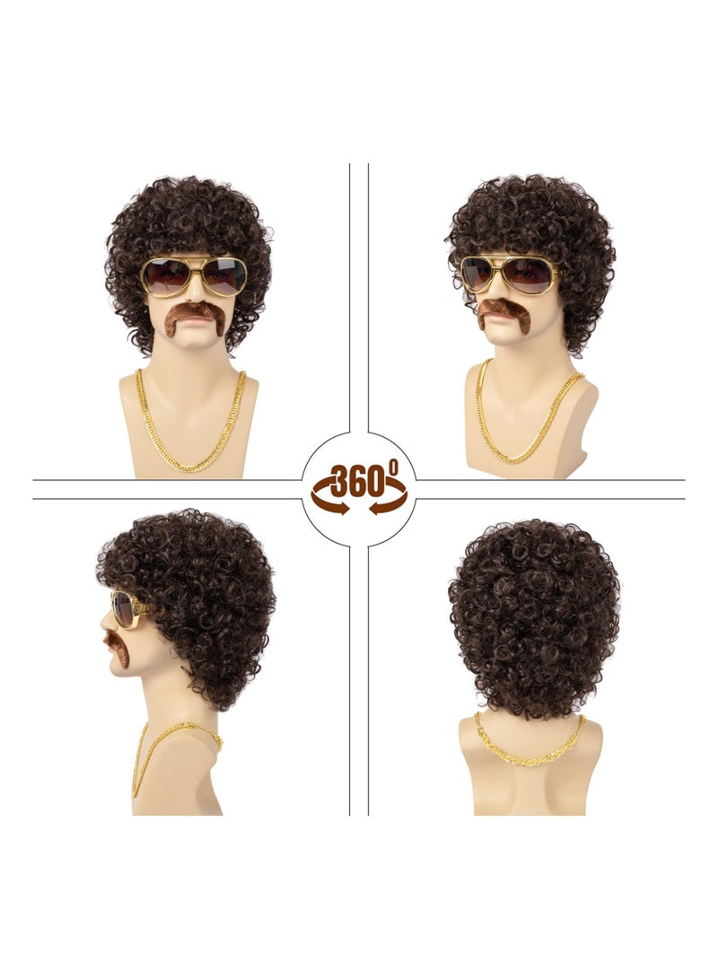 SOLARAE Men Wigs Short Brown Curly Afro Wig for Men 70s Disco Costume Wig With Glasses Necklace Mustache and Wig Cap Natural Fluffy Synthetic hair Wig - Image 2