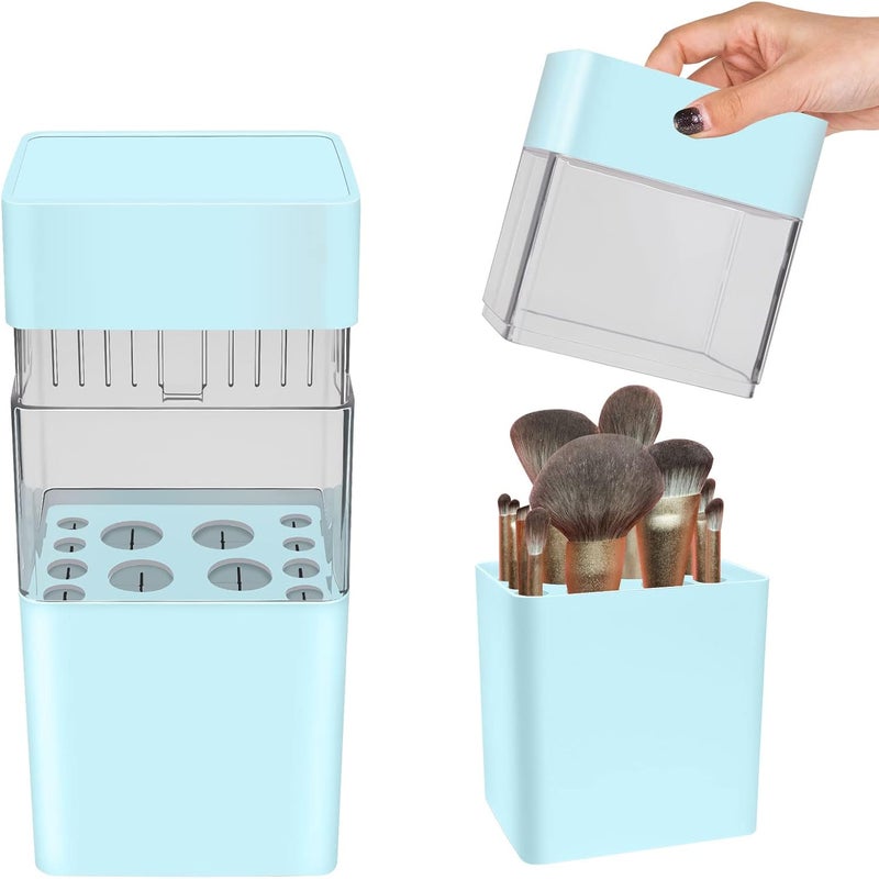 2PCS Multifunctional Makeup Brush Holder, Makeup Brush Storage Organizer with lid, Waterproof Dust-proof Drying Makeup Brush Container for Bathroom and Travel(Blue)