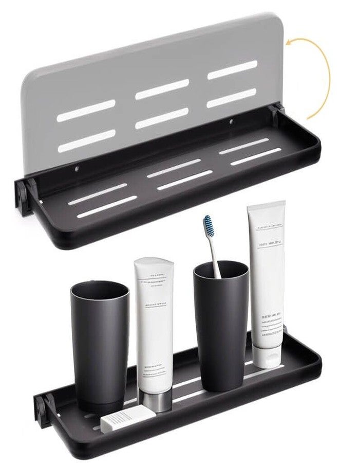 DEAYOU 2 Pack Folding Wall Shelf for Bathroom, 90° Fold Up Floating Shelf, Wall Mounted Drop Down Metal Shelves for RV, Campers, Laundry Room, Toilet Room, Kitchen, Waterproof, Space Saving, Black - Image 1