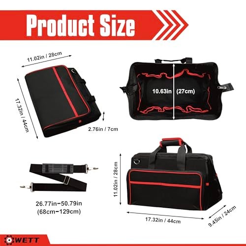 WETT Heavy Duty Tool Bag, 17.3-Inch 30-Pocket Large Portable Adjustable Tool Organizer Storage Bag with Large Zipper for Men, Carrying Toolbag, Electrician Mechanic Construction - Image 5