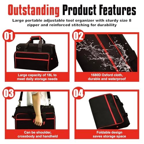 WETT Heavy Duty Tool Bag, 17.3-Inch 30-Pocket Large Portable Adjustable Tool Organizer Storage Bag with Large Zipper for Men, Carrying Toolbag, Electrician Mechanic Construction - Image 4