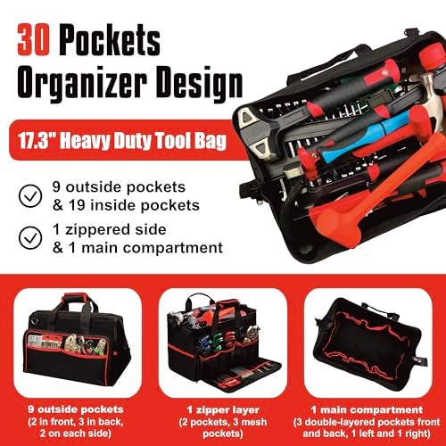 WETT Heavy Duty Tool Bag, 17.3-Inch 30-Pocket Large Portable Adjustable Tool Organizer Storage Bag with Large Zipper for Men, Carrying Toolbag, Electrician Mechanic Construction - Image 2