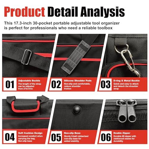 WETT Heavy Duty Tool Bag, 17.3-Inch 30-Pocket Large Portable Adjustable Tool Organizer Storage Bag with Large Zipper for Men, Carrying Toolbag, Electrician Mechanic Construction - Image 3