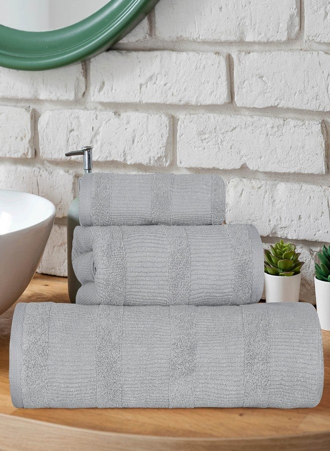 Superior Roma Cotton 3 Piece Assorted Towel Set, Highly Absorbent, Ribbed, Quick-Dry, Shower, Spa Basics, Home Essentials, Solid, Includes; 1 Bath Towel, 1 Hand Towel, 1 Face Towel, Silver - Image 2