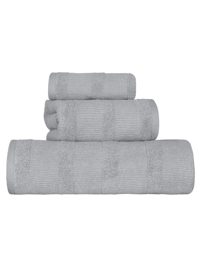Superior Roma Cotton 3 Piece Assorted Towel Set, Highly Absorbent, Ribbed, Quick-Dry, Shower, Spa Basics, Home Essentials, Solid, Includes; 1 Bath Towel, 1 Hand Towel, 1 Face Towel, Silver - Image 1