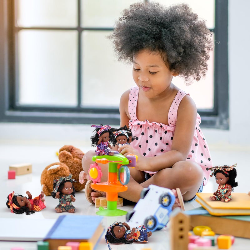 Hanaive 6 Pcs 4 Inch Mini African Baby Dolls Lifelike Realistic Black Baby Dolls Different Clothes Cute Tiny Gifts for Kids Birthday Party - Image 5
