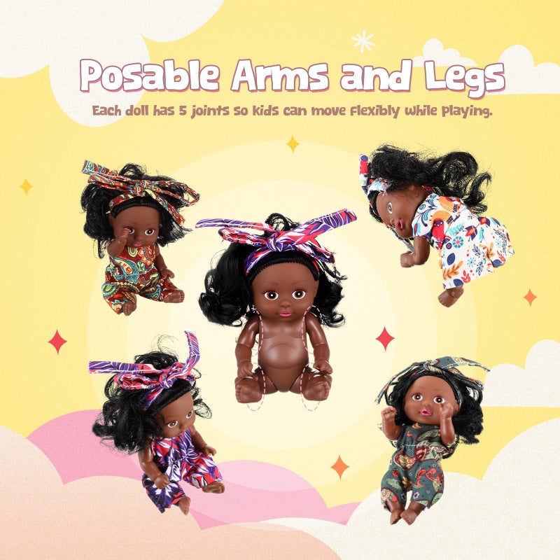 Hanaive 6 Pcs 4 Inch Mini African Baby Dolls Lifelike Realistic Black Baby Dolls Different Clothes Cute Tiny Gifts for Kids Birthday Party - Image 4