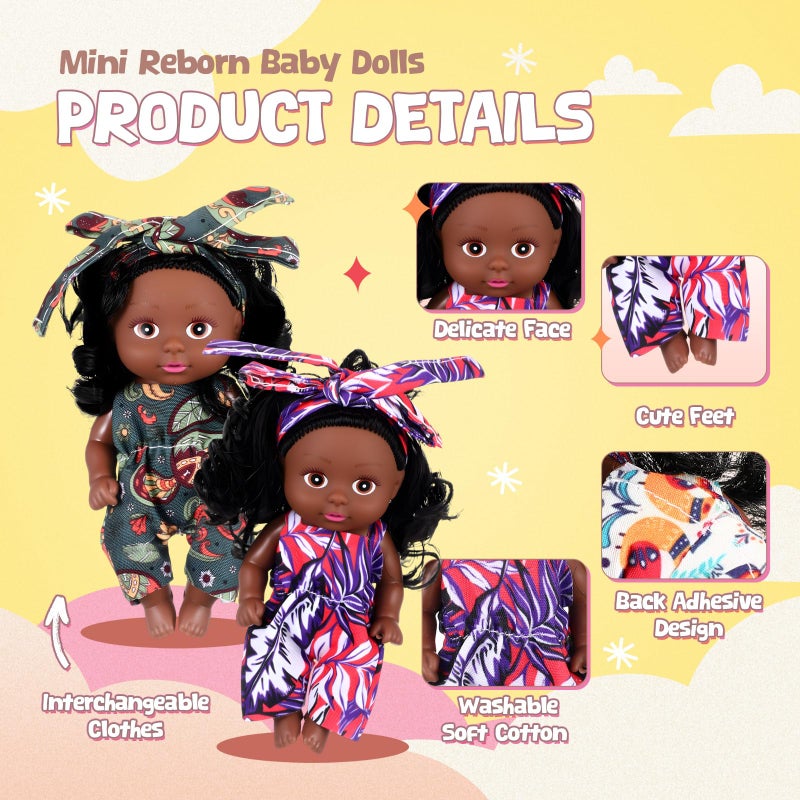 Hanaive 6 Pcs 4 Inch Mini African Baby Dolls Lifelike Realistic Black Baby Dolls Different Clothes Cute Tiny Gifts for Kids Birthday Party - Image 3