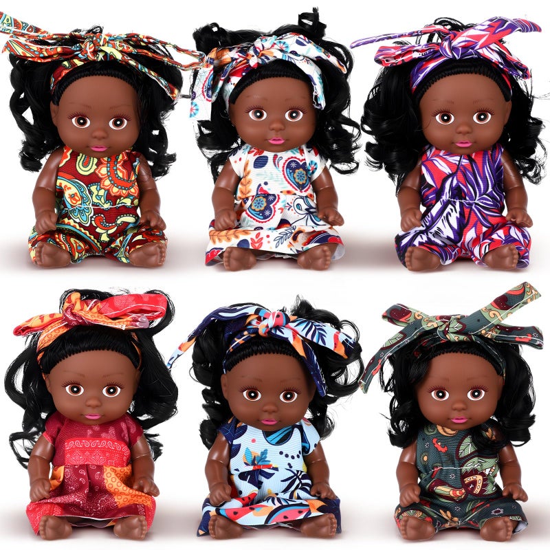 Hanaive 6 Pcs 4 Inch Mini African Baby Dolls Lifelike Realistic Black Baby Dolls Different Clothes Cute Tiny Gifts for Kids Birthday Party - Image 1