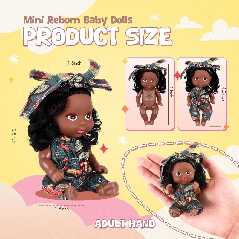 Hanaive 6 Pcs 4 Inch Mini African Baby Dolls Lifelike Realistic Black Baby Dolls Different Clothes Cute Tiny Gifts for Kids Birthday Party - Image 2