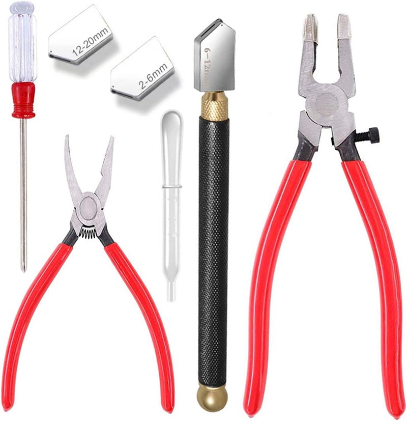 Qovydx 7Pcs Premium Glass Running Breaking Pliers & Grozer Kit with Rubber Tips, Heavy Duty Glass Cutting Tools for Stained Glass Fusing, Breaking, Grozing - Image 1