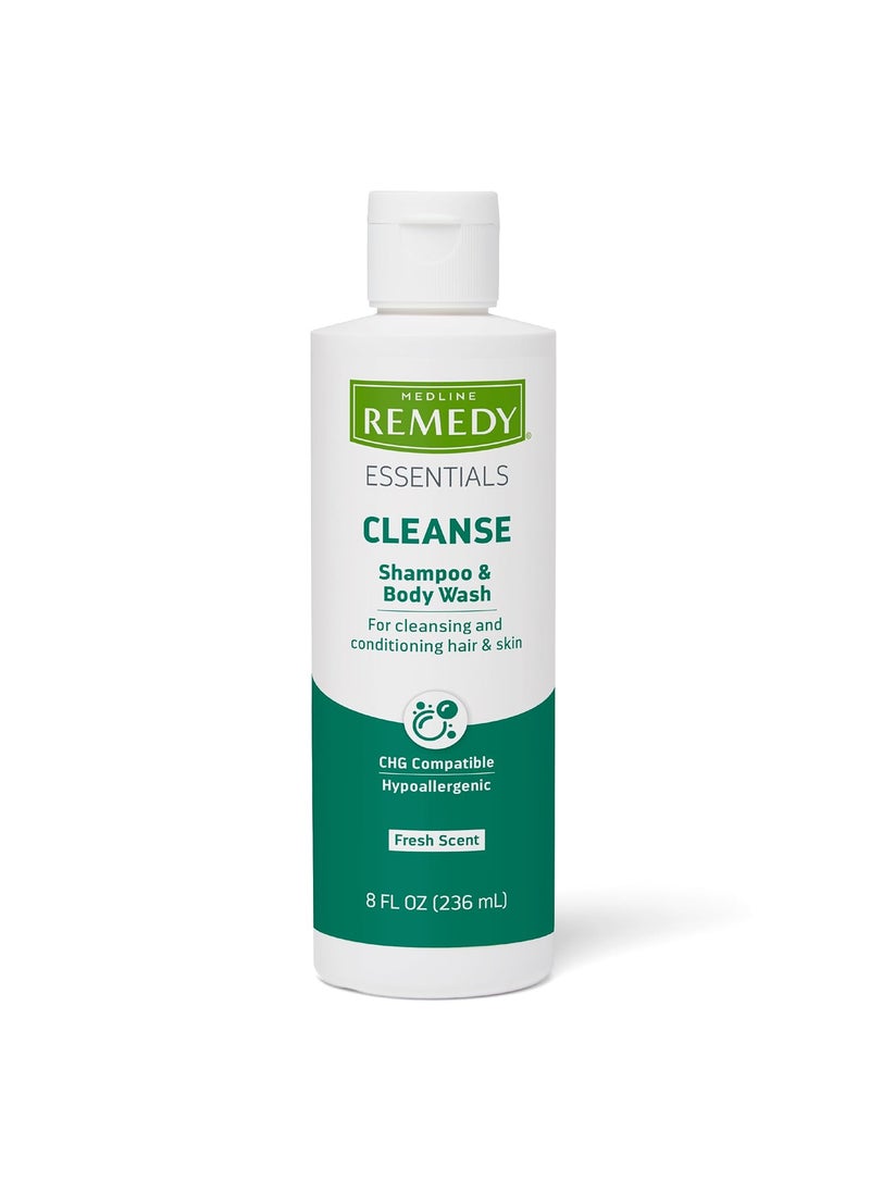 Medline - Medline Remedy Essentials Shampoo and Body Wash 8 fl oz Fresh Scent Full Body Cleanser with Aloe For Adults  Elderly Easy Rinse Gel for Bath Shower or Bedside Bathing - Image 1