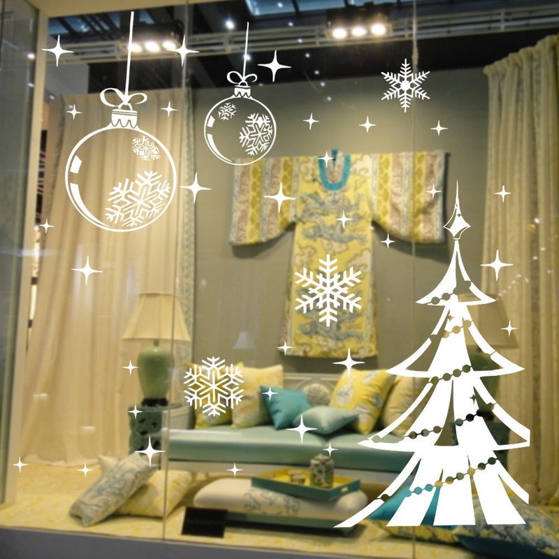 DNVEN Merry Christmas Wall Decals Christmas Trees Shining Balls with Snowflakes Ornaments Decorative Wall Stickers Door Window Stickers Glass Decals for Kids Rooms Nursery 48 inches x 32 inches