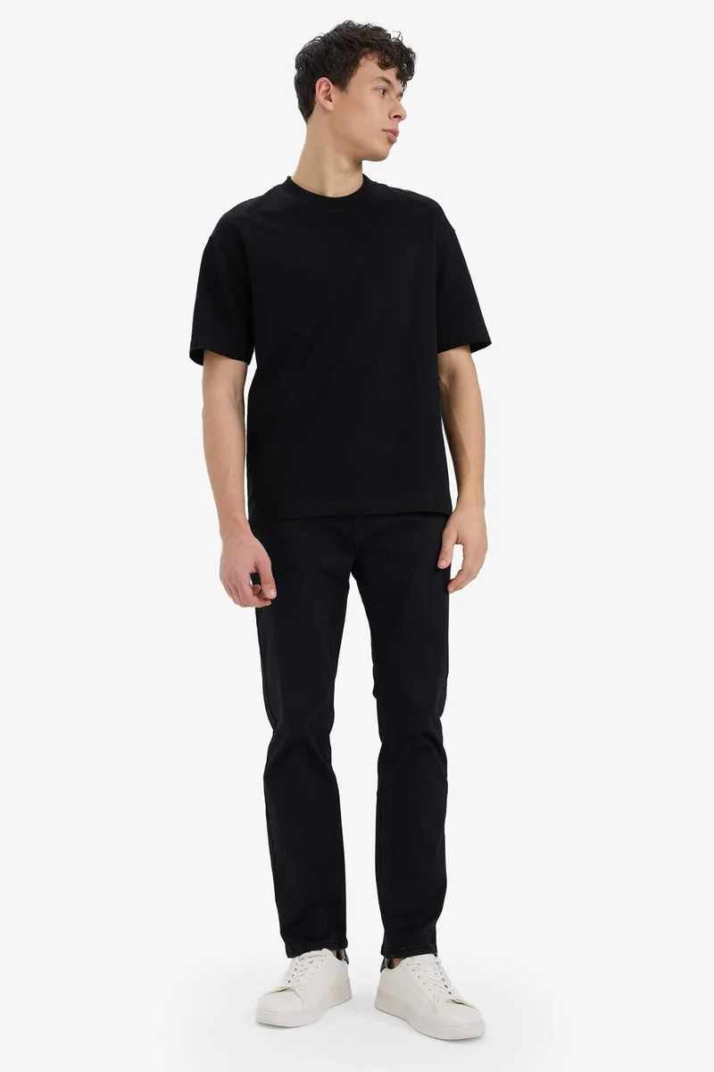 ديفاكتو Cotton Relax Fit Crew Neck Basic Black T-Shirt
