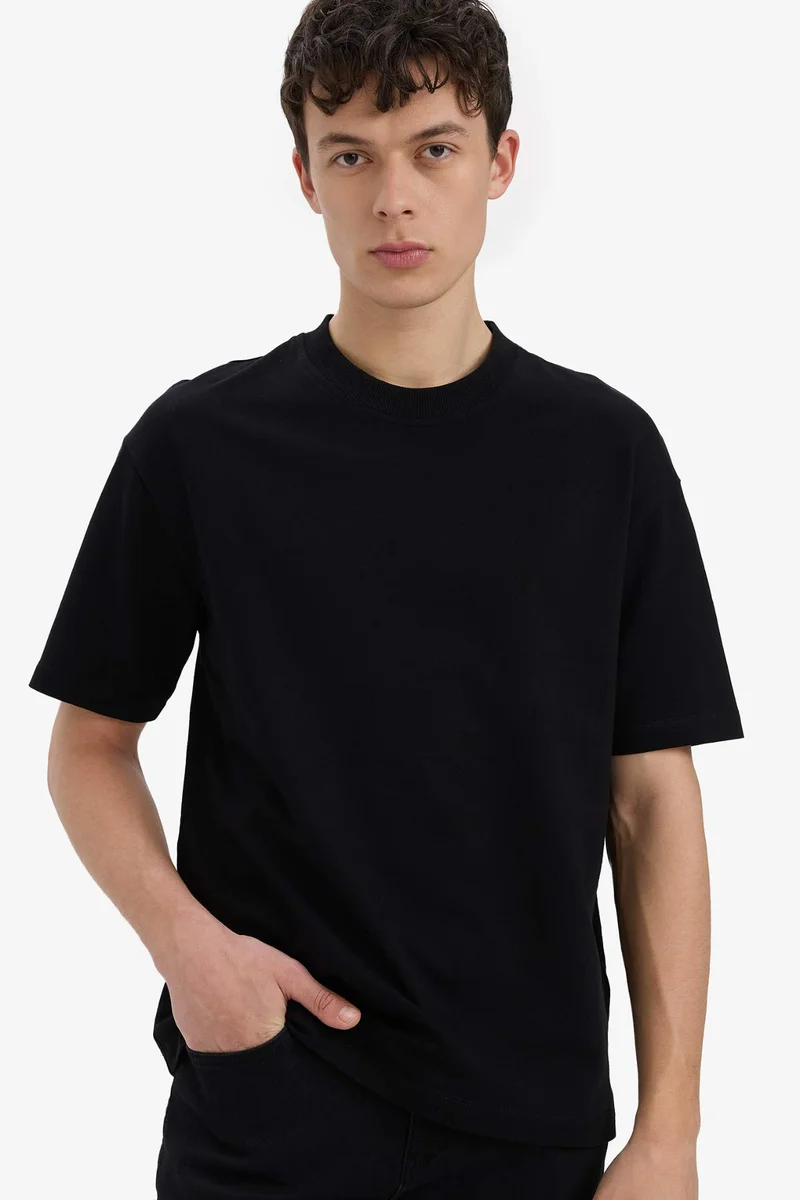 ديفاكتو Cotton Relax Fit Crew Neck Basic Black T-Shirt