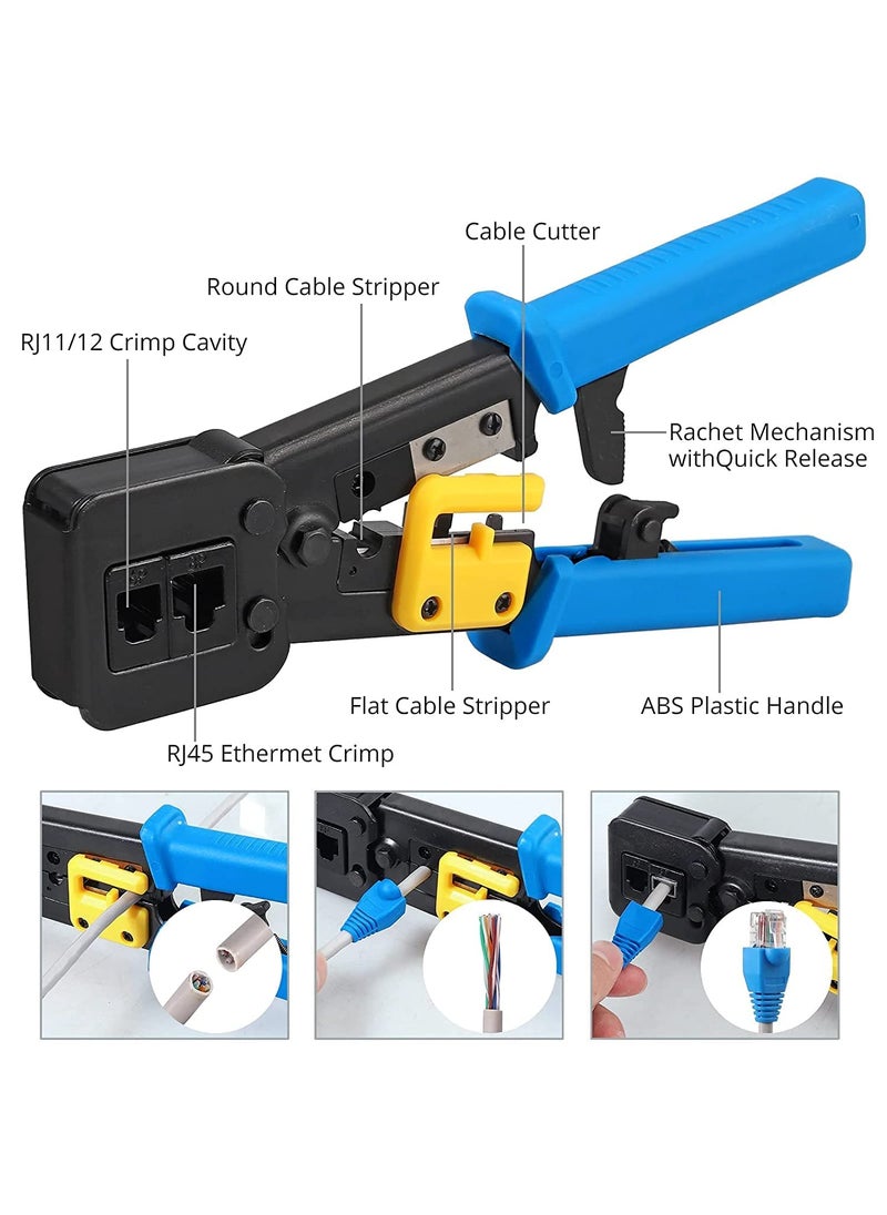 CLUSPEX Crimping Tool RJ45 Wire Cutter Tool Kit Cat5 Cat5e Cat6 50PCS Pass Through Connectors 50PCS Covers Network Cable Tester Wire Punch Down Cutter Pass Through Tool 9v Battery