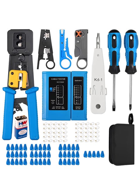 CLUSPEX Crimping Tool RJ45 Wire Cutter Tool Kit Cat5 Cat5e Cat6 50PCS Pass Through Connectors 50PCS Covers Network Cable Tester Wire Punch Down Cutter Pass Through Tool 9v Battery