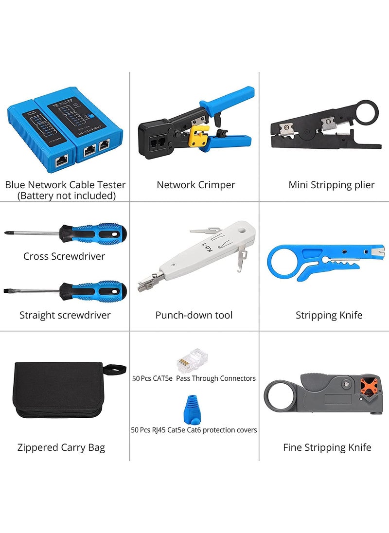 CLUSPEX Crimping Tool RJ45 Wire Cutter Tool Kit Cat5 Cat5e Cat6 50PCS Pass Through Connectors 50PCS Covers Network Cable Tester Wire Punch Down Cutter Pass Through Tool 9v Battery
