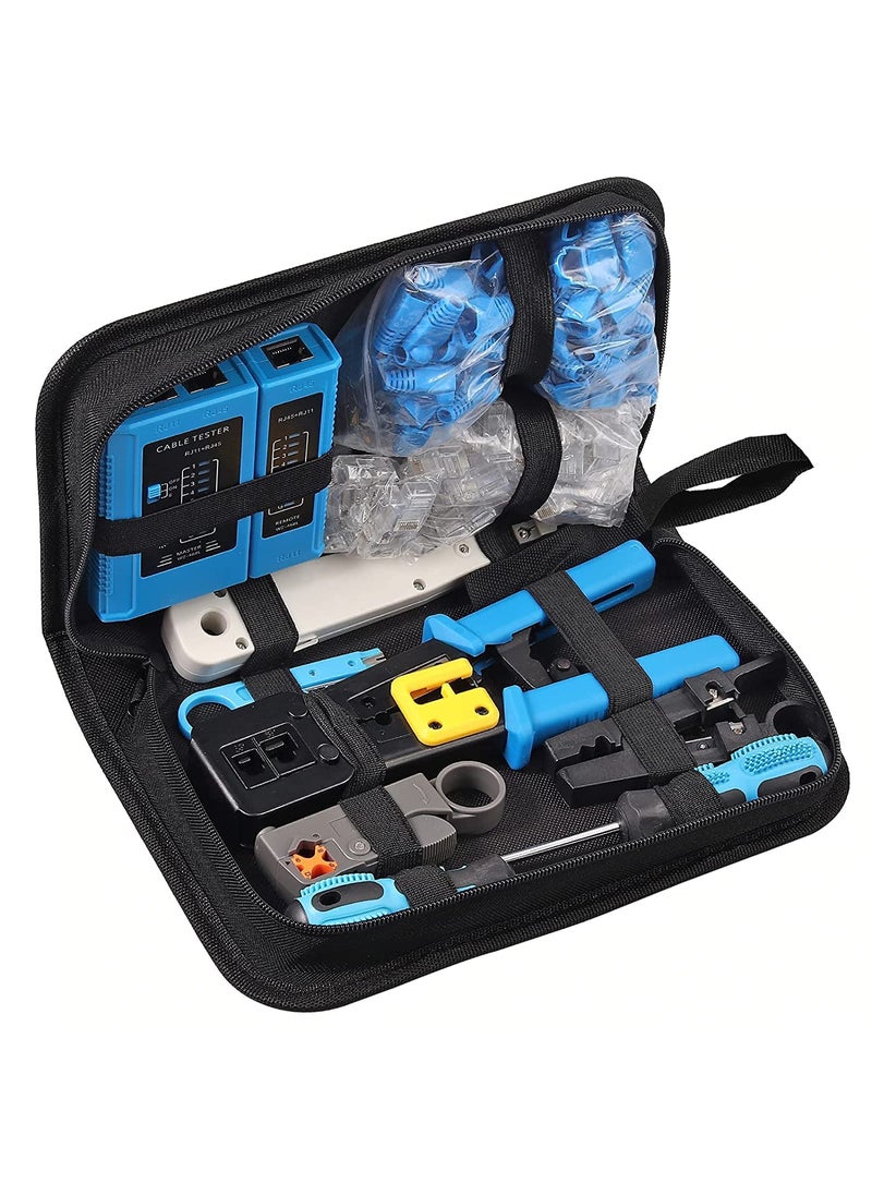 CLUSPEX Crimping Tool RJ45 Wire Cutter Tool Kit Cat5 Cat5e Cat6 50PCS Pass Through Connectors 50PCS Covers Network Cable Tester Wire Punch Down Cutter Pass Through Tool 9v Battery
