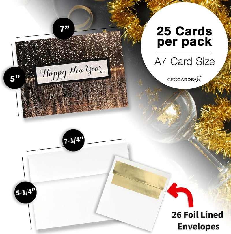 CEO Cards New Year Greeting Cards - N1503. Greeting Cards with Happy New Year and a Falling Fireworks Background. Box Set Has 25 Greeting Cards and 26 White with Gold Foil Lined Envelopes. - Image 2