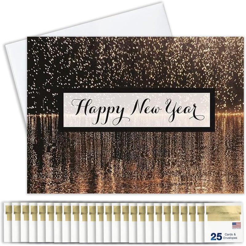 CEO Cards New Year Greeting Cards - N1503. Greeting Cards with Happy New Year and a Falling Fireworks Background. Box Set Has 25 Greeting Cards and 26 White with Gold Foil Lined Envelopes. - Image 1