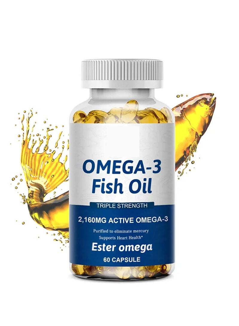 أوميغا زيت السمك أوميغا 3 عالي الجودة بتركيز ثلاثي من الدهون الثلاثية EPA وDHA لدعم صحة القلب والدماغ والمفاصل، ودعم صحة القلب والأوعية الدموية، 60 كبسولة هلامية، للحفاظ على وظائف القلب والدماغ الطبيعية، زيت سمك نقي. - Image 1