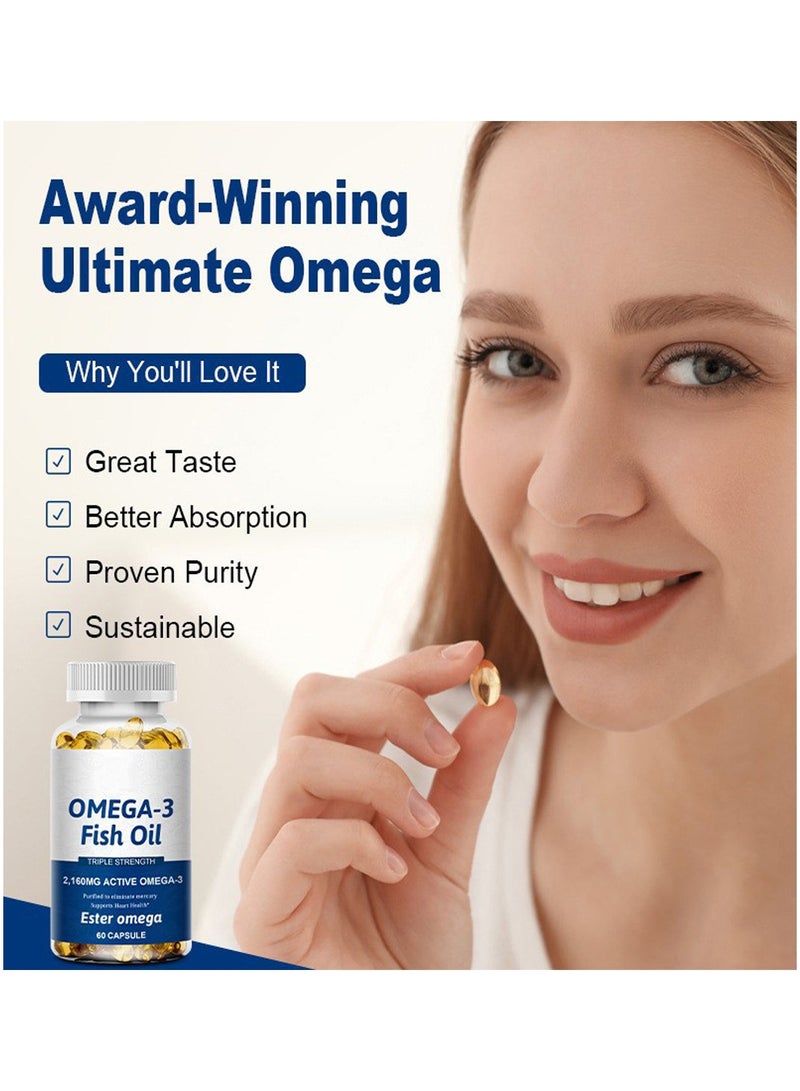أوميغا زيت السمك أوميغا 3 عالي الجودة بتركيز ثلاثي من الدهون الثلاثية EPA وDHA لدعم صحة القلب والدماغ والمفاصل، ودعم صحة القلب والأوعية الدموية، 60 كبسولة هلامية، للحفاظ على وظائف القلب والدماغ الطبيعية، زيت سمك نقي. - Image 2