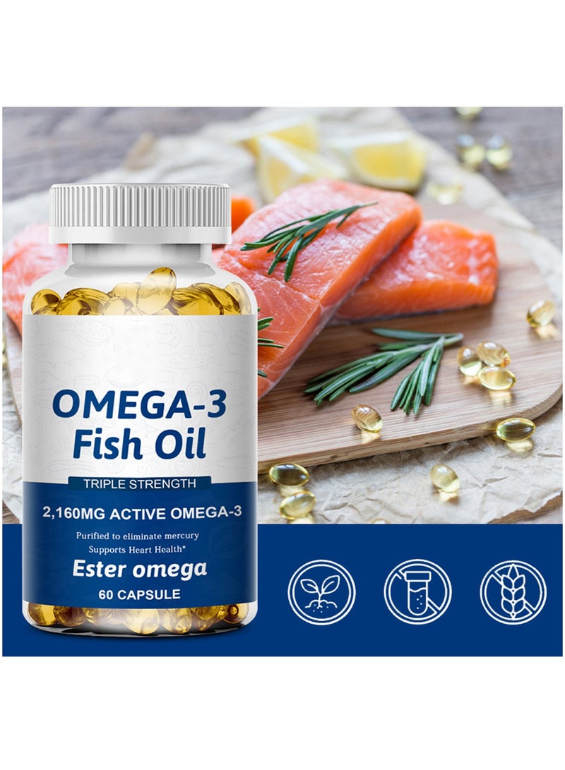أوميغا زيت السمك أوميغا 3 عالي الجودة بتركيز ثلاثي من الدهون الثلاثية EPA وDHA لدعم صحة القلب والدماغ والمفاصل، ودعم صحة القلب والأوعية الدموية، 60 كبسولة هلامية، للحفاظ على وظائف القلب والدماغ الطبيعية، زيت سمك نقي. - Image 4