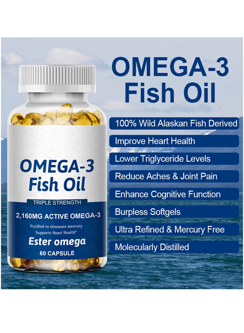 أوميغا زيت السمك أوميغا 3 عالي الجودة بتركيز ثلاثي من الدهون الثلاثية EPA وDHA لدعم صحة القلب والدماغ والمفاصل، ودعم صحة القلب والأوعية الدموية، 60 كبسولة هلامية، للحفاظ على وظائف القلب والدماغ الطبيعية، زيت سمك نقي. - Image 5