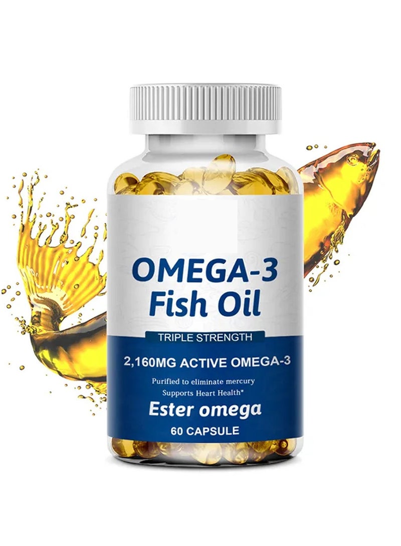 أوميغا زيت السمك أوميغا 3 عالي الجودة بتركيز ثلاثي من الدهون الثلاثية EPA وDHA لدعم صحة القلب والدماغ والمفاصل، ودعم صحة القلب والأوعية الدموية، 60 كبسولة هلامية، للحفاظ على وظائف القلب والدماغ الطبيعية، زيت سمك نقي. - Image 1