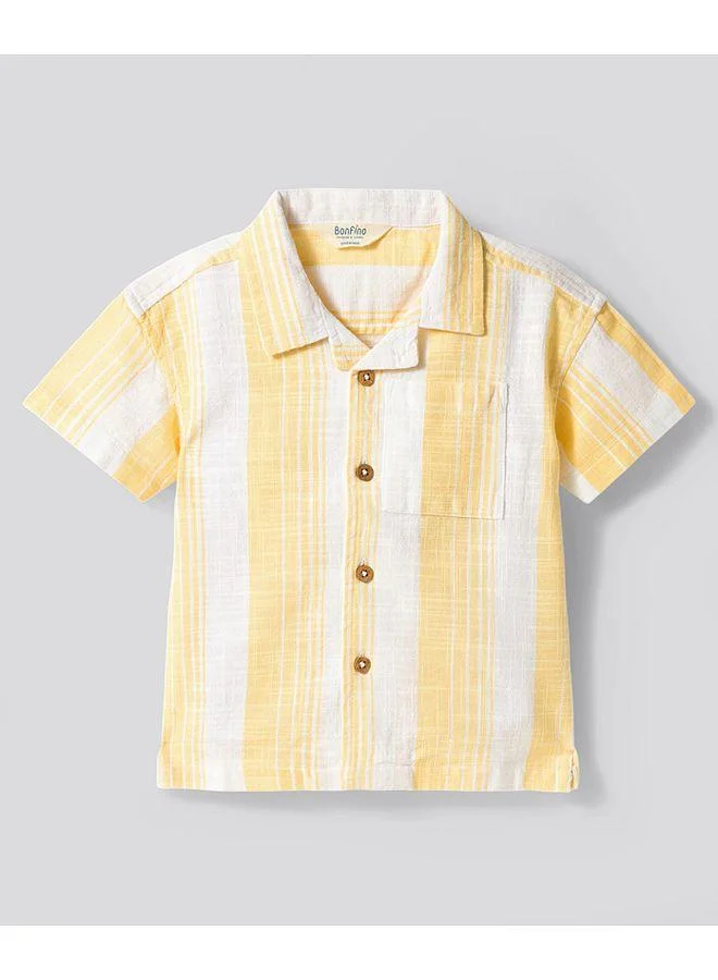Bonfino Bonfino 100% Cotton Woven Half Sleeves Resort Collar Dropped Shoulder Striped Shirt - Yellow