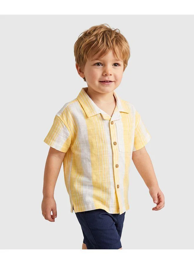 Bonfino Bonfino 100% Cotton Woven Half Sleeves Resort Collar Dropped Shoulder Striped Shirt - Yellow