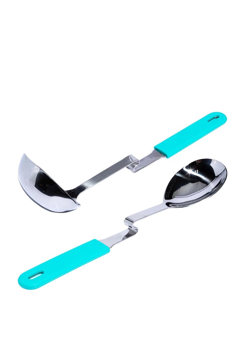 Souper Cubes طقم أدوات مطبخ من قطعتين – مغرفة بفتحة للسكب وملعقة تقديم من الستانلس ستيل بمقابض سيليكون مانعة للفوضى – لون أكوا – مثالية للطهي والتقديم – من Souper Cubes ولوري غرينر - Image 1