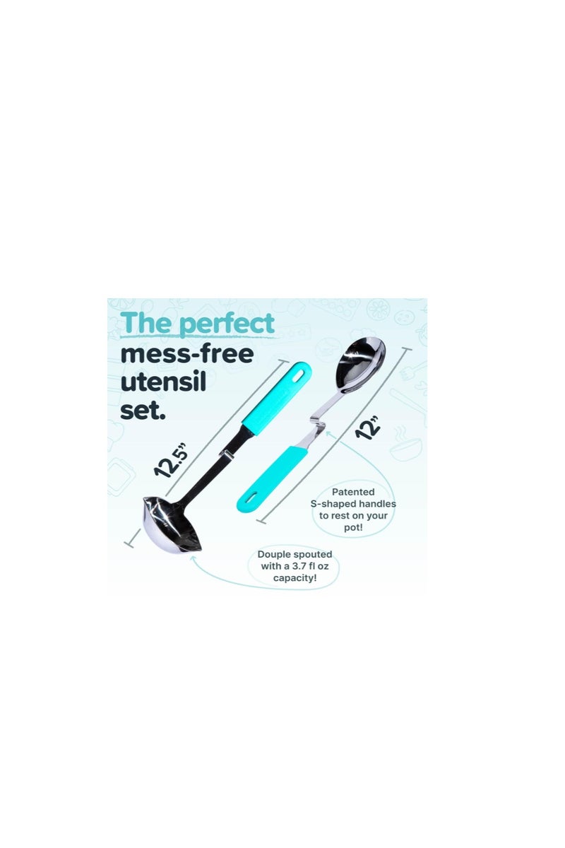 Souper Cubes طقم أدوات مطبخ من قطعتين – مغرفة بفتحة للسكب وملعقة تقديم من الستانلس ستيل بمقابض سيليكون مانعة للفوضى – لون أكوا – مثالية للطهي والتقديم – من Souper Cubes ولوري غرينر - Image 2