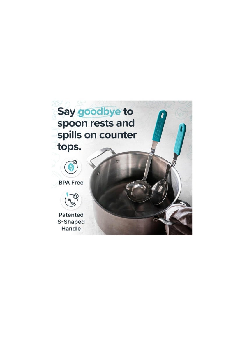 Souper Cubes طقم أدوات مطبخ من قطعتين – مغرفة بفتحة للسكب وملعقة تقديم من الستانلس ستيل بمقابض سيليكون مانعة للفوضى – لون أكوا – مثالية للطهي والتقديم – من Souper Cubes ولوري غرينر - Image 3