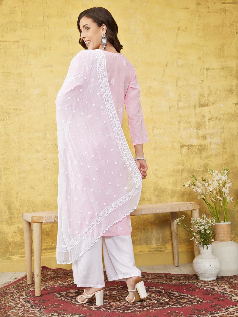 Ada Hand Embroidered Lucknowi Chikankari White Chiffon Dupatta Stole for Women A511215 - Image 2