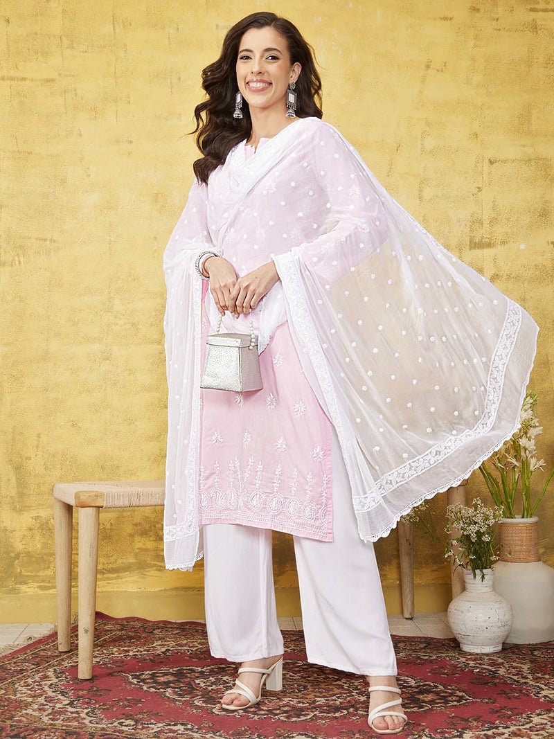 Ada Hand Embroidered Lucknowi Chikankari White Chiffon Dupatta Stole for Women A511215 - Image 4