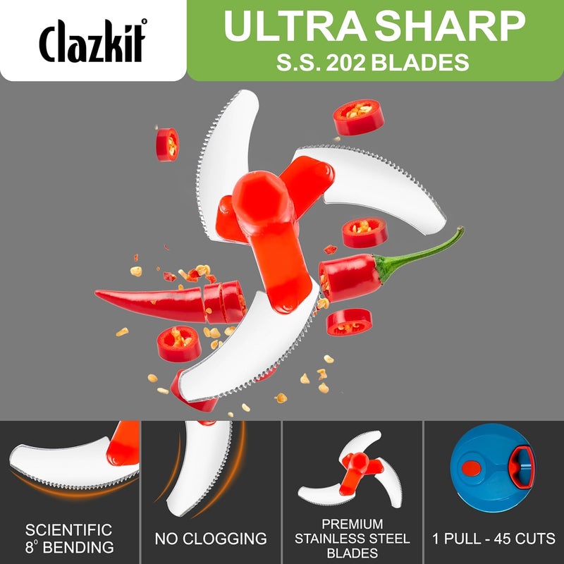 Clazkit Kitchen Dori Handy Vegetable and Fruit Manual Onion Dry Fruit Salad Maker Vegetable Quick String Chopper Machine, Cutter – 3 Stainless Steel Blades -450ml - Image 2