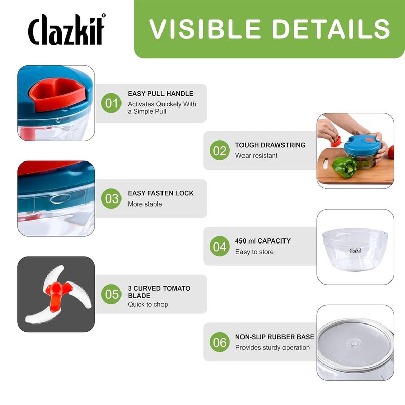 Clazkit Kitchen Dori Handy Vegetable and Fruit Manual Onion Dry Fruit Salad Maker Vegetable Quick String Chopper Machine, Cutter – 3 Stainless Steel Blades -450ml - Image 3