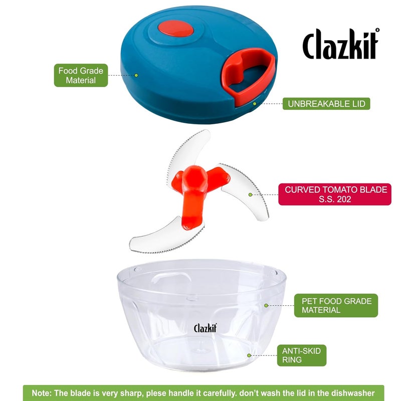 Clazkit Kitchen Dori Handy Vegetable and Fruit Manual Onion Dry Fruit Salad Maker Vegetable Quick String Chopper Machine, Cutter – 3 Stainless Steel Blades -450ml - Image 5