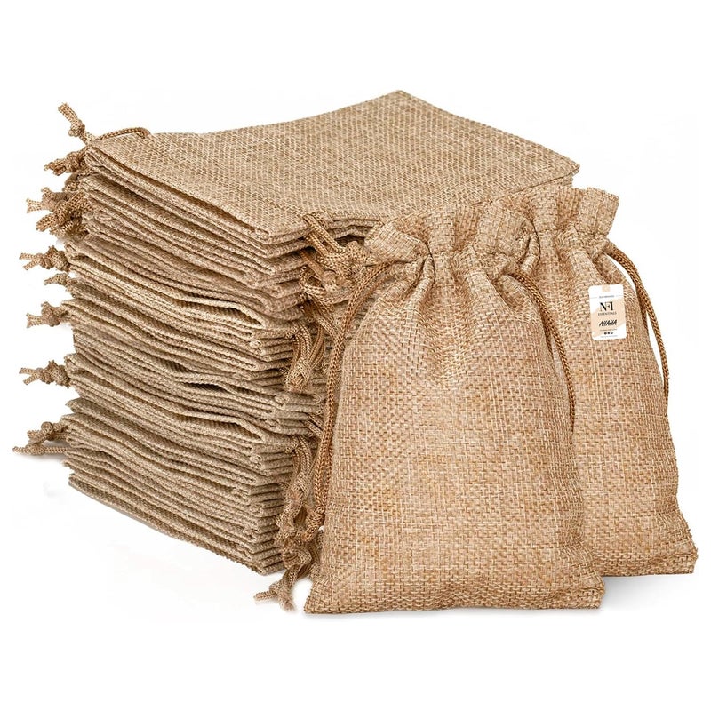 NFI essentials Jute Potli Gift Pouches for Return Gifting, Pack of 50 Pcs (13x18 cm), Drawstring Burlap Pouch For Organza Candy Gifts, Nikah, Birthday Suruku Pai Pouch - Image 1